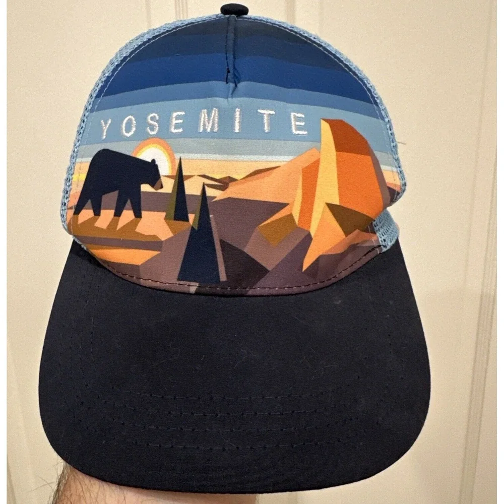 Yosemite National‎ Park Trucker Hat Blue w Bear Impact Snapback Cap Adjustable